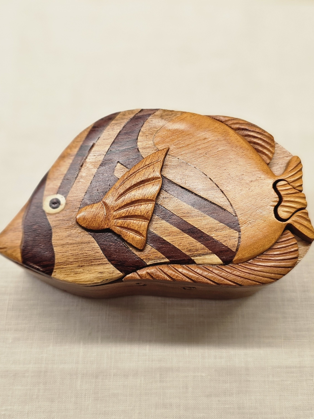Vintage Style Intarsia Wood Fish Puzzle Trinket Box Handmade